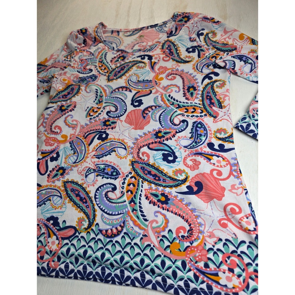 Palm Harbour Paisley Nautical Rhinestone Top Long Sleeve Pink Blue Boho Small